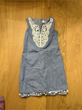 Eliza J Blue Sleeveless Dress with White Lace Applique and Pom-Pom Hem